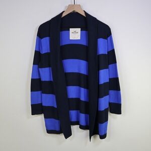 Y2K Hollister Striped Open Front Cardigan Large Preppy Coastal Blue Cotton Knit